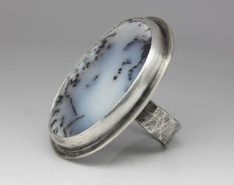 Dendritic Agate Ring, Agate & Sterling Ring, Agate Ring, Black and White, Unisex Statement Ring, Size 8.25
