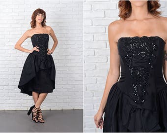 Vintage 80s Black Mini Dress Strapless Full Sequin Lace Bow XS 9498