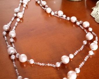Long Champagne Pearl Bead Necklace, Flapper Pearl Beads