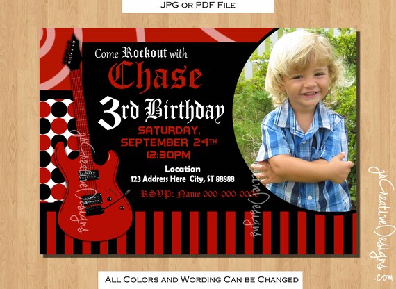 rock star invitation rockstar invite boy rocker guitar teen boy invitation teenager invite boy Music birthday party rock n roll invite Red Il_570xn