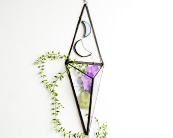 Wall Art Prism, Hanging planter, Wall Decor, Vertical Garden, Two Moons, Glass Geometric Plant Holder, Glass Terrarium