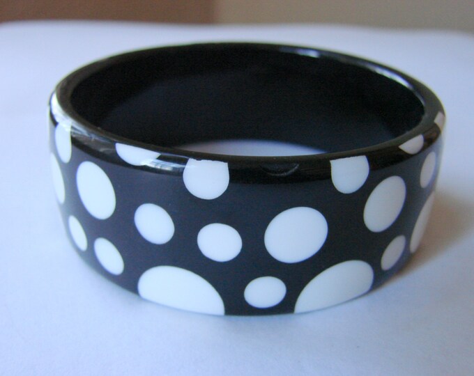 Retro Wide Black & White Polka Dot Bangle Bracelet Modernist Jewelry Jewellery