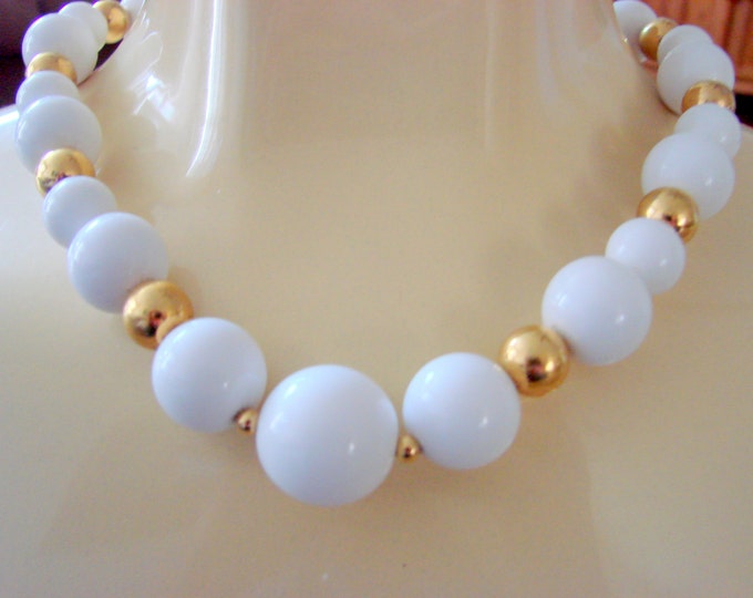 Vintage Monet White Lucite Goldtone Bead Necklace Designer Signed Jewelry Jewellery