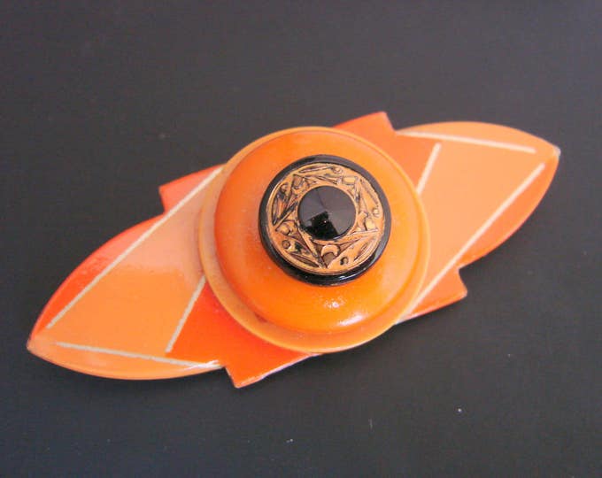 Antique Art Deco 1930s Bakelite Celluloid Modernist Abstract Brooch Orange Black Czechoslovakia Vintage Jewelry Jewellery