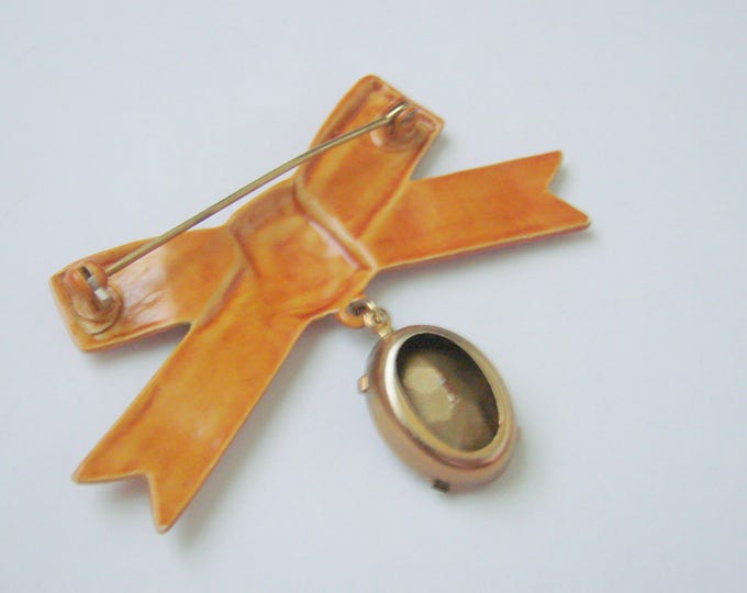 Vintage Enamel Topaz Faceted Glass Ribbon Bow Brooch / Rusty Orange Enamel / Retro / Jewelry / Jewellery