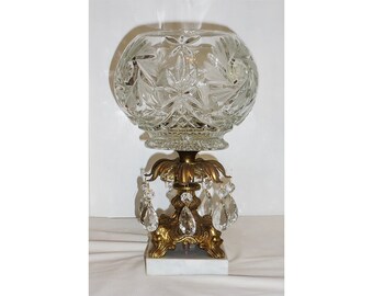 Centerpiece Comport Pressed Glass Globe Shaped Bowl Hanging Prisms Gold Tone Paw Footed Stand Marble Base