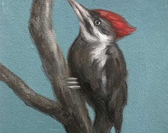 Original Oil Painting Little Pileated Woodpecker