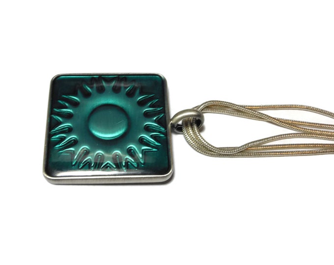 Southwest sun pendant, blue green square, epoxy sun in a pewter frame, silver plated chain, three strand, decorative clasp