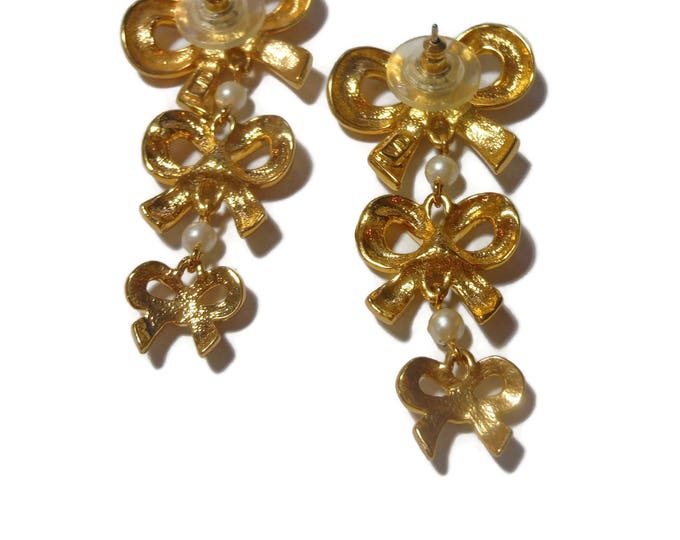 Designer Bow earrings, bow charms dangling from bow studs, faux pearls and rhinestone, designer signed WD, gold tone pierced