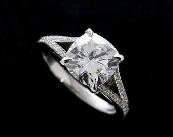 9mm Cushion Forever One Moissanite Engagement Ring, Split Shank Engagement Ring, Pave Diamond Ring, Contemporary Style Gold Proposal Ring
