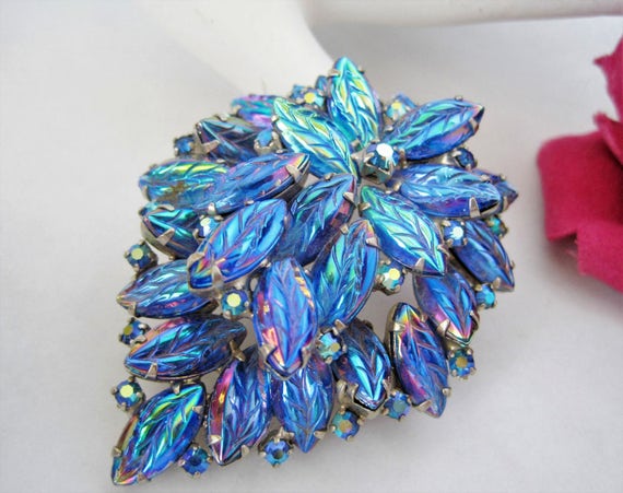 Blue Glass Cabachon Brooch - Feathery Iridescent Rhinestones - Dome Molded Layered Pin