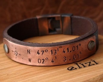 EXPRESS SHIPPING Custom Coordinates-Personalized Leather Bracelet-Copper Bracelet-Latitude Longitude GPS Coordinates-Gift for Anniversary