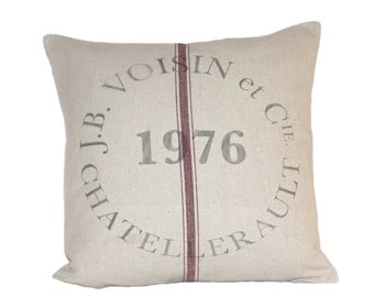 Vintage French Industrial JB Voisin Grain Sack Cushion cover