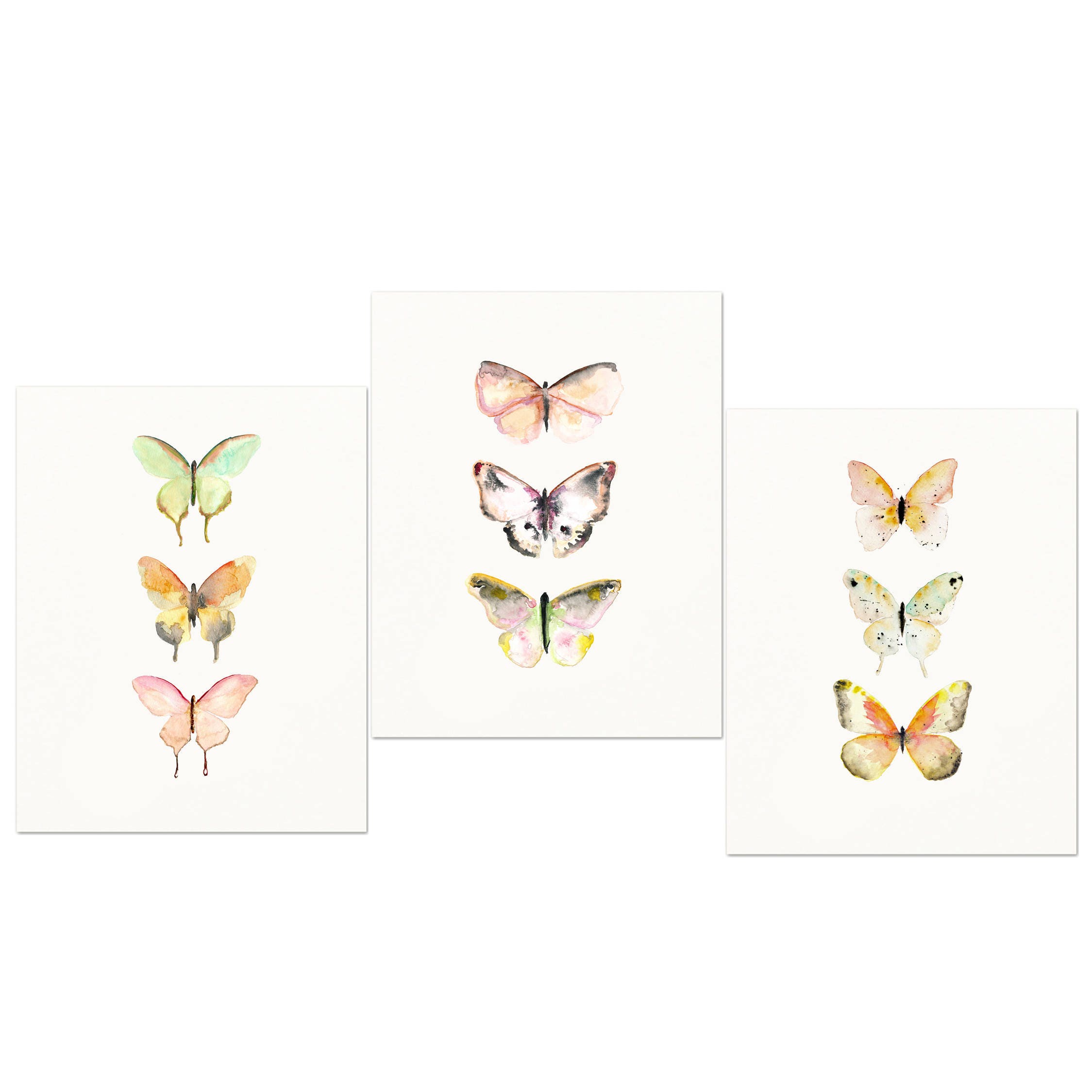 Watercolor Butterfly Art Prints Set of 3. Baby Nursery Decor.