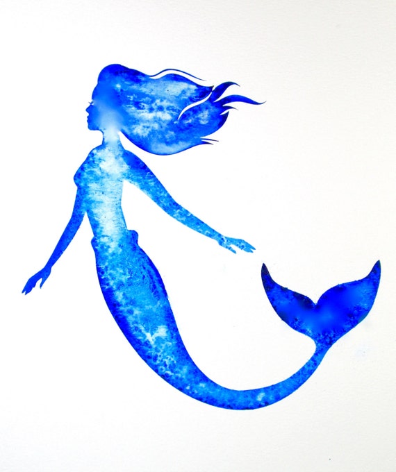 Mermaid Print Blue Mermaid SIlhouette Watercolor Painting