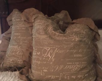 SALE!!!! French Linen Script Ruffled Burlap Shams