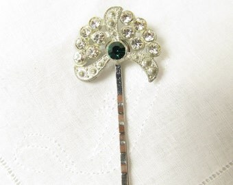 Vintage Art Deco Green Rhinestone Hair Pin, Upcycled Rhinestone Silver Plate Hair Pin, Holiday Rhinestone Hair Pins, Wedding Hair Pin, HP 14
