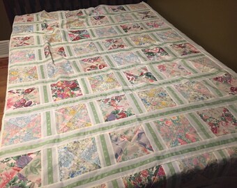 Handmade White and Floral Quilt Top by MarlenesAttic