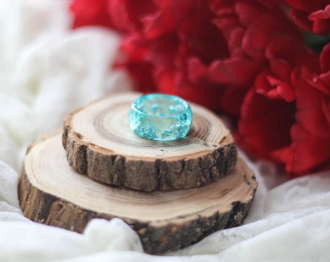 Aqua Resin Ring, Faceted Resin Ring With Silver Flakes, Cyan Transparent Resin Ring, Big Size Resin Ring, Man Resin Ring, Woman Resin Ring