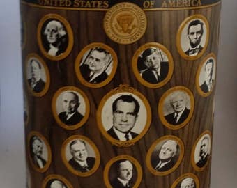 Vintage Metal U.S. Presidents Wastebasket, 1960s, Up to Richard M. Nixon, Weibro / J.L. Clark, 13 Inches Tall, for Historian's Office, Study