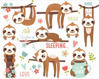 Vector Clipart - Cute little Sloths / kawaii clipart, monkey clipart, sloth in a tree, sloth on a branch, sloth, Clip Art