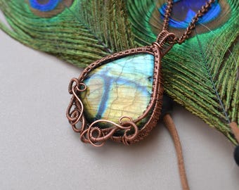 Spectrolite Copper Wire Wrap Necklace. Wire Wrapped Pendant. Bohemian Statement Piece. Crystal Gypsy Jewelry. Large Gemstone Necklace.
