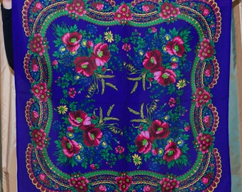 SALE Russian Shawl. Ukrainian Scarf chale russe. BLUE scarf. Traditional Floral ornaments. Ukrainian holiday platok hustka foulard russe