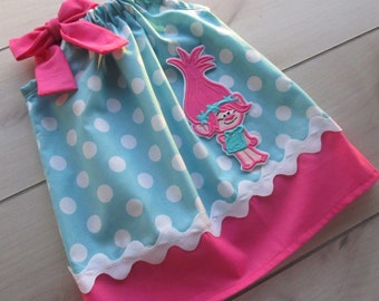 New Super Cute Poppy Troll Pillowcase Dress/Aqua Dot and Hot Pink