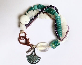 Four Strand White and Teal Beaded Womens Bracelet 9 Inches