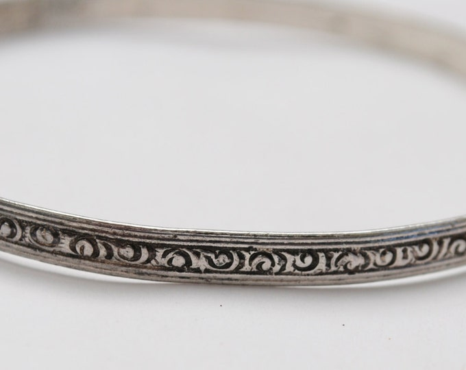 Sterling Bangle - Etched silver scroll design - Large Vintage bracelet - signed Sterling