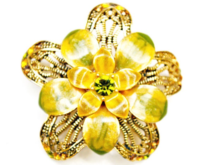 Enamel Flower Brooch - Olive Green - Gold filigree -Rhinestone - Floral pin