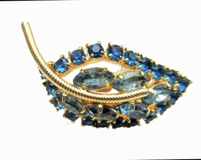 Blue Rhinestone Leaf brooch - mid century = gold blue Pin