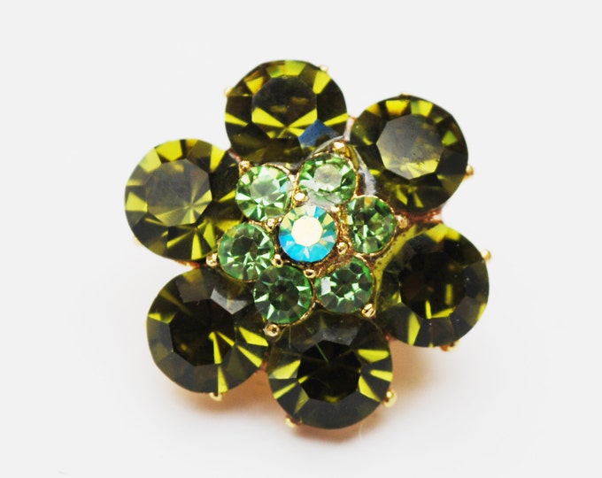 Small Green Rhinestone Flower Brooch - Olive green crystal - gold metal floral atomic scatter Pin