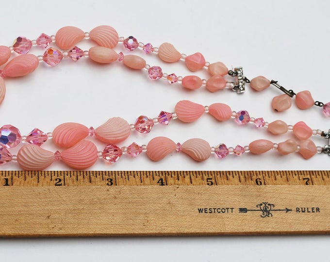 Double Strand Pink Bead Necklace - Crystal glass - Vintage plastic Shell -Rhinestone - Mid century