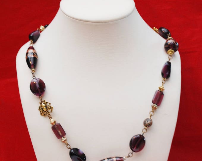 Purple Gold Glass Bead Necklace - Gold butterflies - gold beads - Amethyst art crystal - 28 inches long