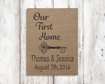 New Home Gift - Our First Home Housewarming Gift - Address Sign - Burlap Home Decor - Burlap Sign