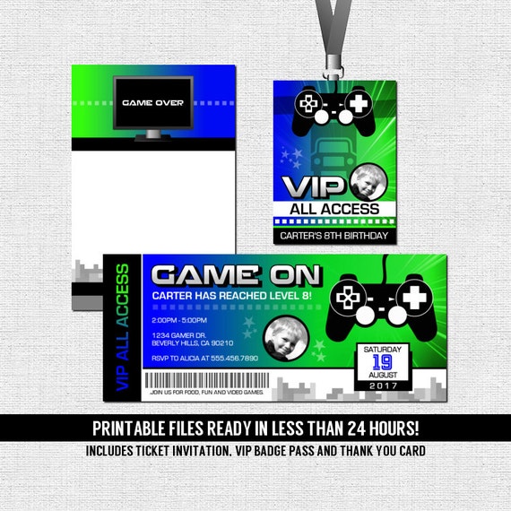 video game ticket invitations birthday party bonus thank you