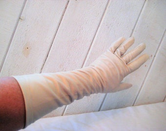 Long leather gloves, oatmeal or ivory, evening formal gloves, opera gloves, mid century, 50s 60s, size 7