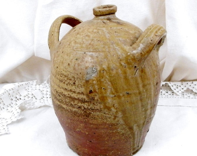 Large Antique French Hand Made Stoneware Salt Glaze Bottle / Carboy with 2 Handles, Rustic Primitive Ceramic Bottle, China Demi John Vase