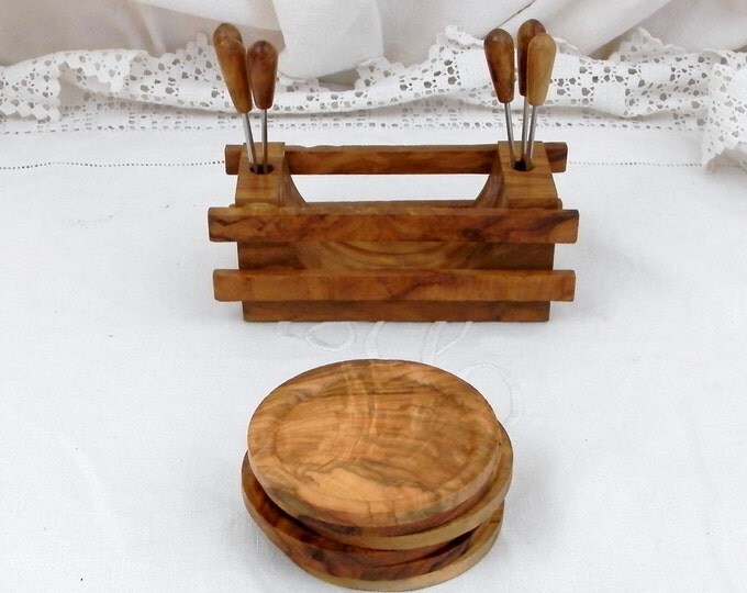 Vintage Set of French Olive Wood Mid Century Snail Forks, Holder and Plates, French Cuisine, Retro France, French Kitchenware, Cocktail Vintage Set of French Olive Wood Mid Century Snail Forks, Holder and Plates, French Cuisine, Retro France, French Kitchenware, Cocktail