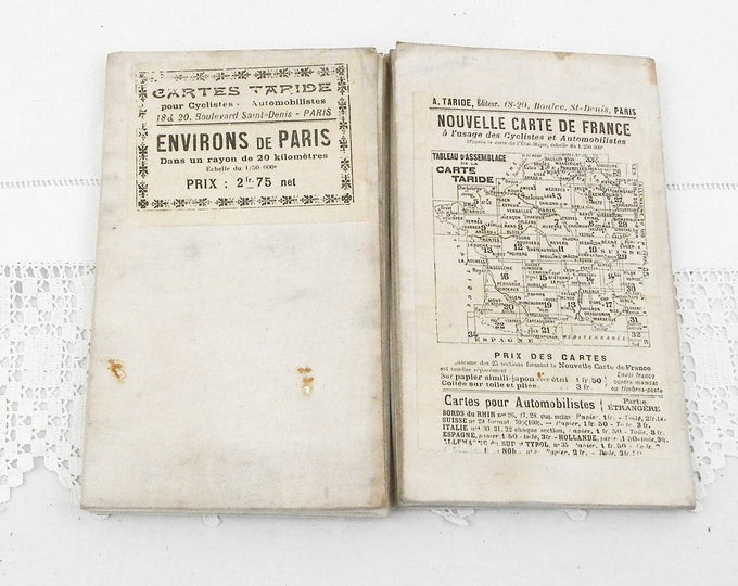 Antique Fabric Backed Paper Taride Map of Paris and the Surrounding Area from 1914 for Cyclists and Cars, Old Parisian Map from France