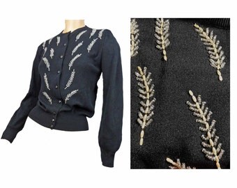 Vintage 50s Sweater Beaded Design Black Ban Lon Wheat Design Gold Beads 38 Bust
