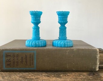vintage Portieux Vallerysthal mini candlesticks aqua blue pair of 2 aqua milk glass