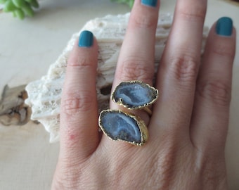 Druzy geode ring, druzy ring, black geode ring, adjustable geode ring, geode gold ring
