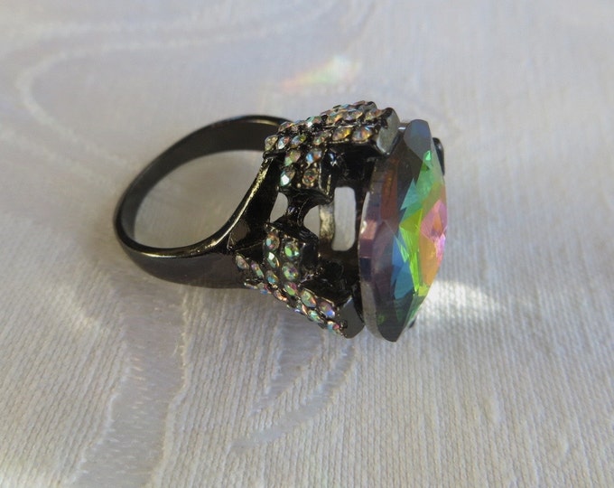 Watermelon Stone Solitaire Ring, Rhinestone crosses, Japanned Setting, Vintage Goth Style