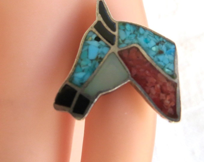 Vintage Horse Ring, Southwest Horse Pinky Ring, Sterling Turquoise Coral, Horse Jewelry, Size 4