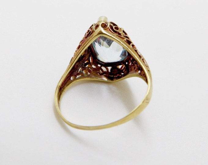 Art Deco 14K Blue Topaz Diamond Ring, Vintage Art Deco Ring, 14K Gold Filigree, Mine Cut Diamonds, Engagement Ring