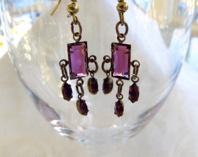 Czech Glass Earrings, Amethyst Chandelier Earrings, Beveled Purple Glass, Pierced Ears