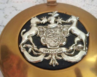 Vintage Silent Butler, Crumb tray, Crumb Catcher,Ash catcher in goldtone with black handle, Coat of Arms Motif on top