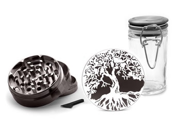 Tree of Life Grinder, 4 Piece Weed Grinder White UV Print, FREE glass weed jars included!Gun metall Zinc Grinder 0074